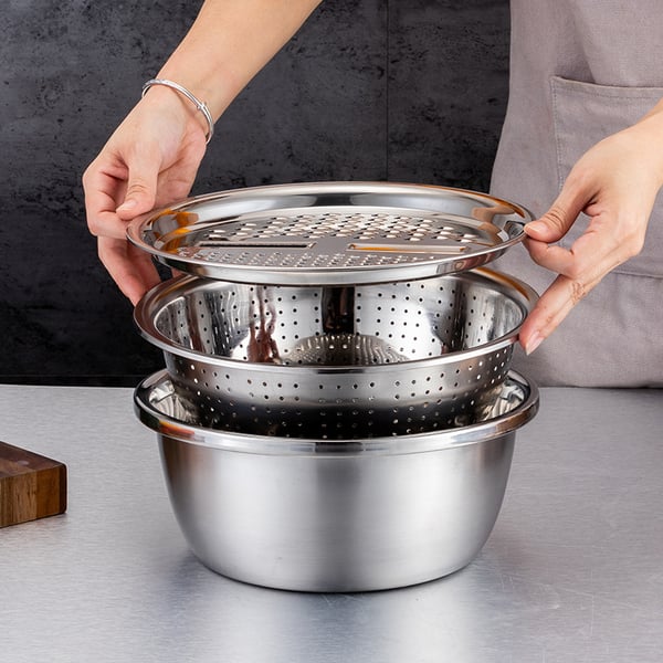 Mixing Bowl Set Stainless Steel 3-Piece | Grater and Sieve Included | Compact Stacking Design for Kitchen Storage