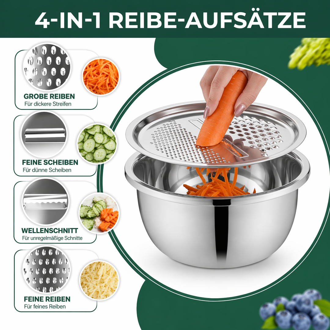 Mixing Bowl Set Stainless Steel 3-Piece | Grater and Sieve Included | Compact Stacking Design for Kitchen Storage
