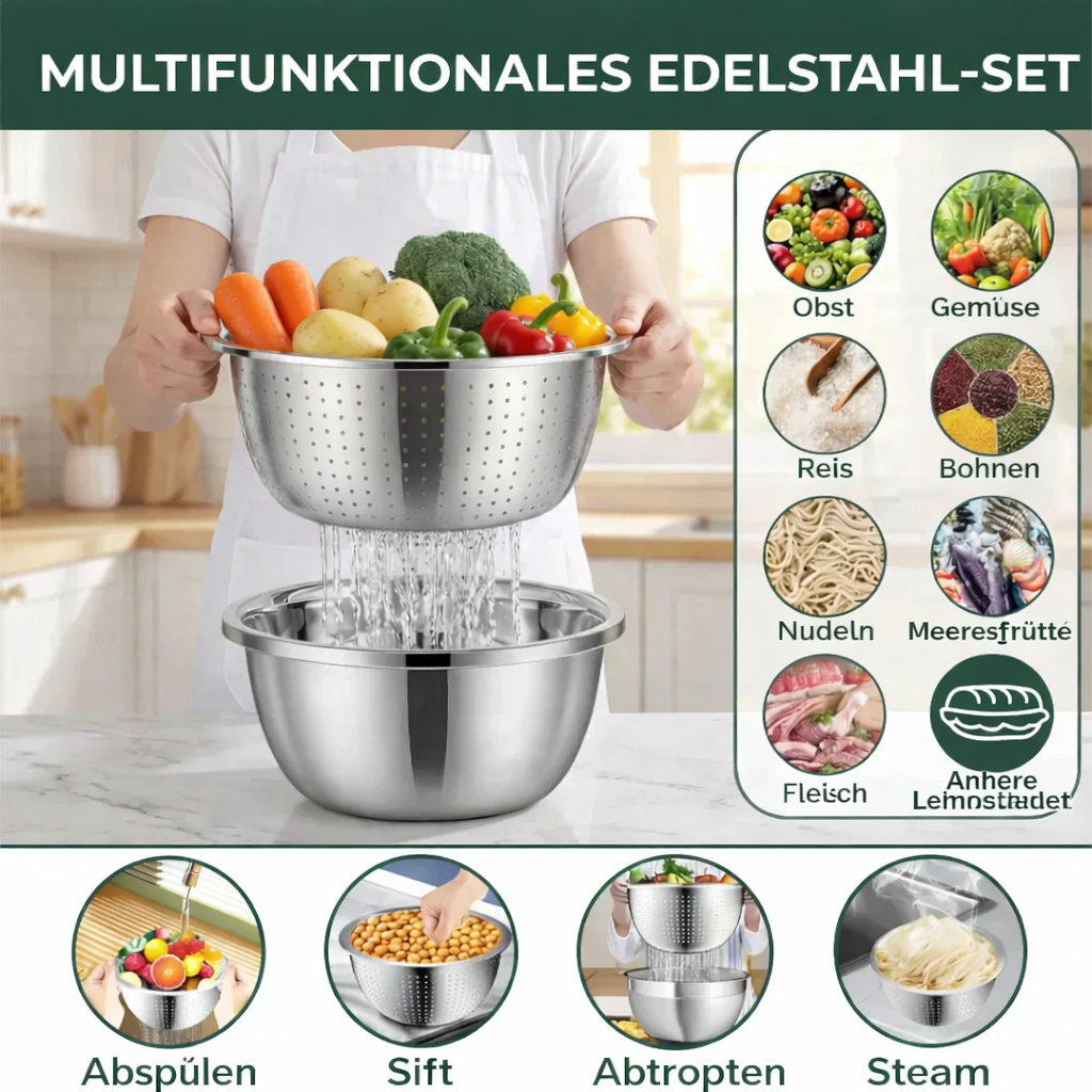 Mixing Bowl Set Stainless Steel 3-Piece | Grater and Sieve Included | Compact Stacking Design for Kitchen Storage