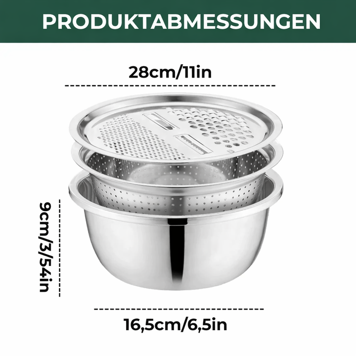 Mixing Bowl Set Stainless Steel 3-Piece | Grater and Sieve Included | Compact Stacking Design for Kitchen Storage