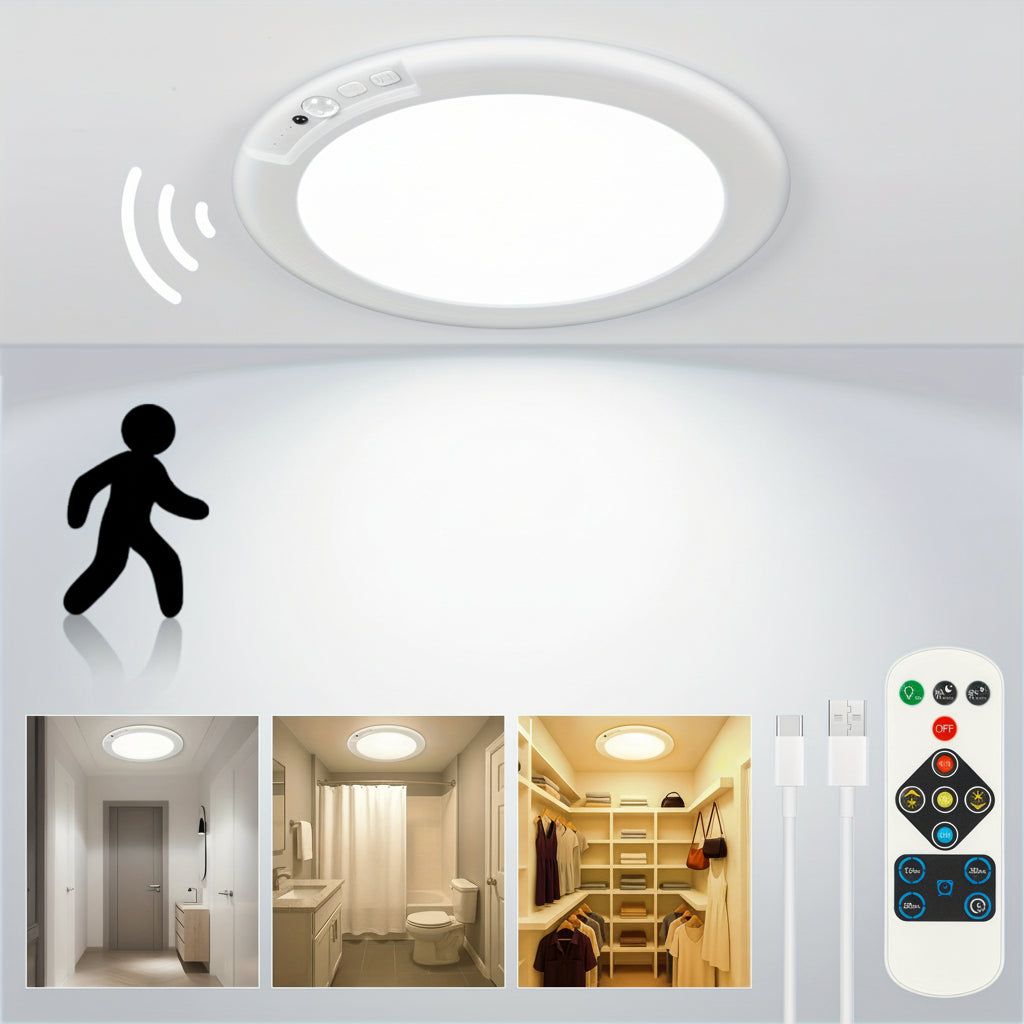 Motion Sensor Ceiling Light Rechargeable LED | Flush Mount Design with Remote Control | 10000mAh Battery, Wireless USB Charging