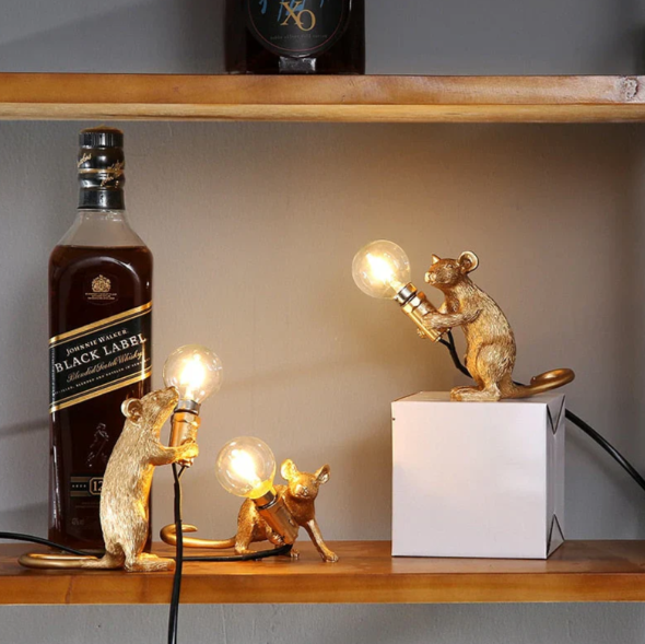 Mouse Table Lamp | Standing Figure, Exposed Globe Bulb