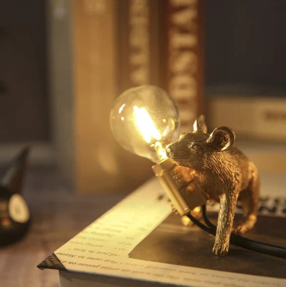 Mouse Table Lamp | Standing Figure, Exposed Globe Bulb