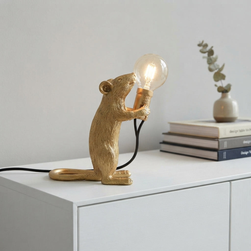 Mouse Table Lamp | Standing Figure, Exposed Globe Bulb