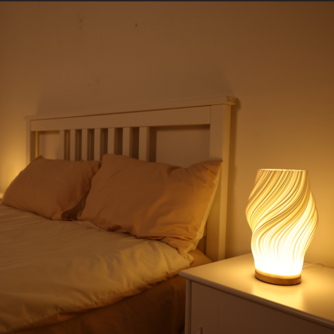 Wave Shade Table Lamp Metal &amp; Wood Base 20.5–30 cm | 3-Step Dimmable, USB-Powered | Warm &amp; Natural White Light 15