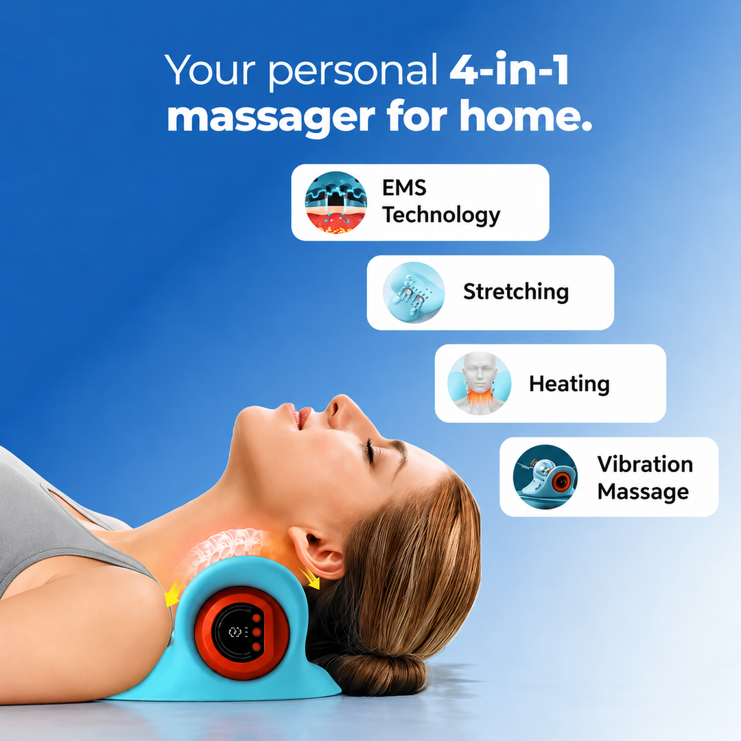 Neck Massage Device 4-in-1 | Heat, Acupressure &amp; Pulse Massage Functions | LED Display, Compact &amp; Portable Design