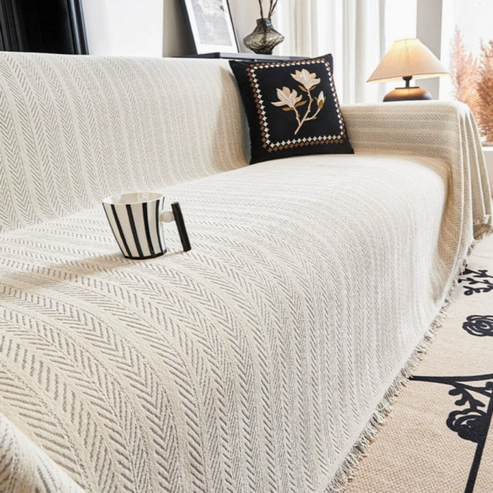 Non-Slip Couch Cover Chenille | Herringbone Pattern, Tassel Detailing | Pet-Friendly, Protects Against Fur and Scratches