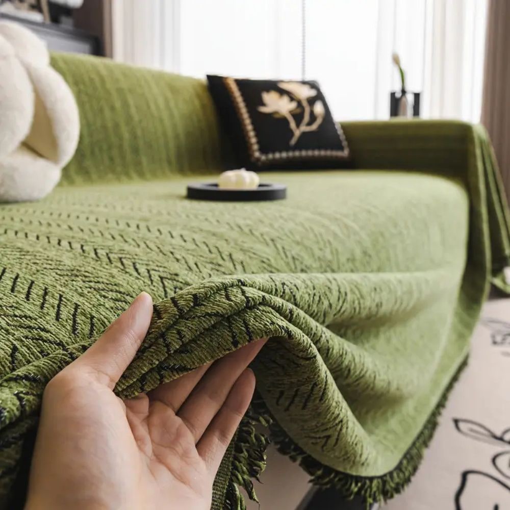 Non-Slip Couch Cover Chenille | Herringbone Pattern, Tassel Detailing | Pet-Friendly, Protects Against Fur and Scratches