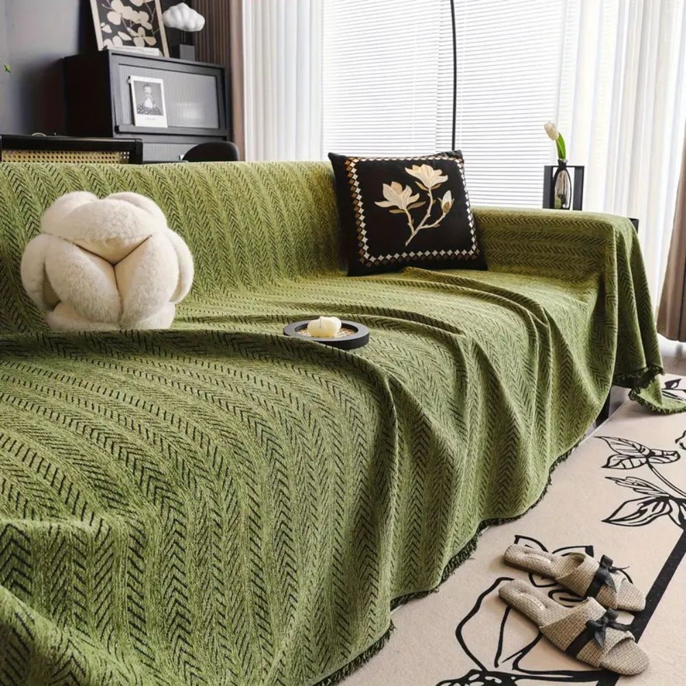 Non-Slip Couch Cover Chenille | Herringbone Pattern, Tassel Detailing | Pet-Friendly, Protects Against Fur and Scratches