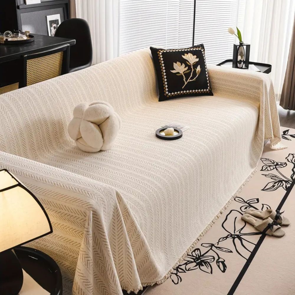 Non-Slip Couch Cover Chenille | Herringbone Pattern, Tassel Detailing | Pet-Friendly, Protects Against Fur and Scratches