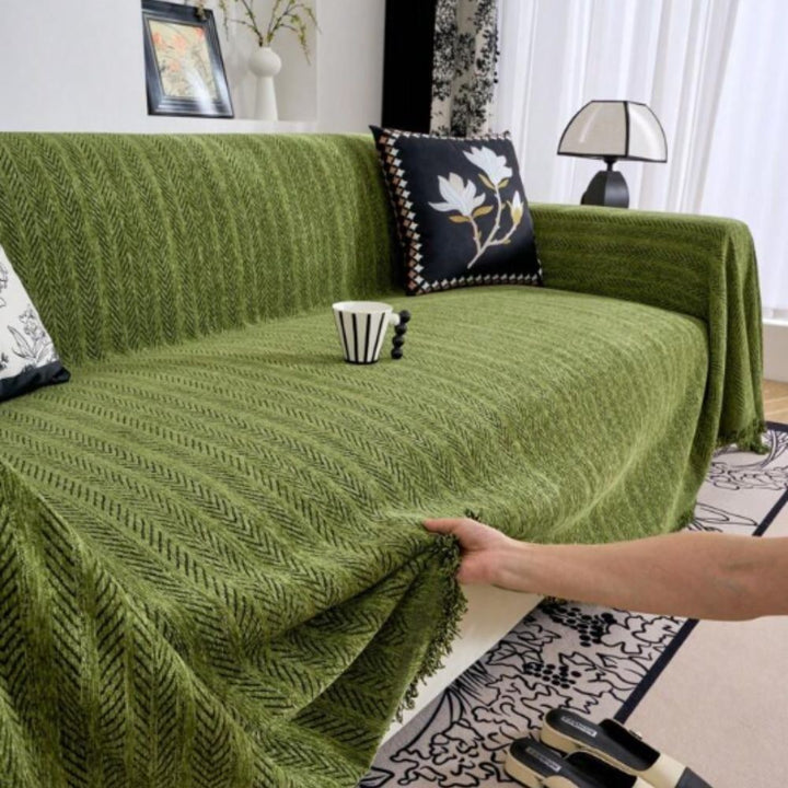 Non-Slip Couch Cover Chenille | Herringbone Pattern, Tassel Detailing | Pet-Friendly, Protects Against Fur and Scratches
