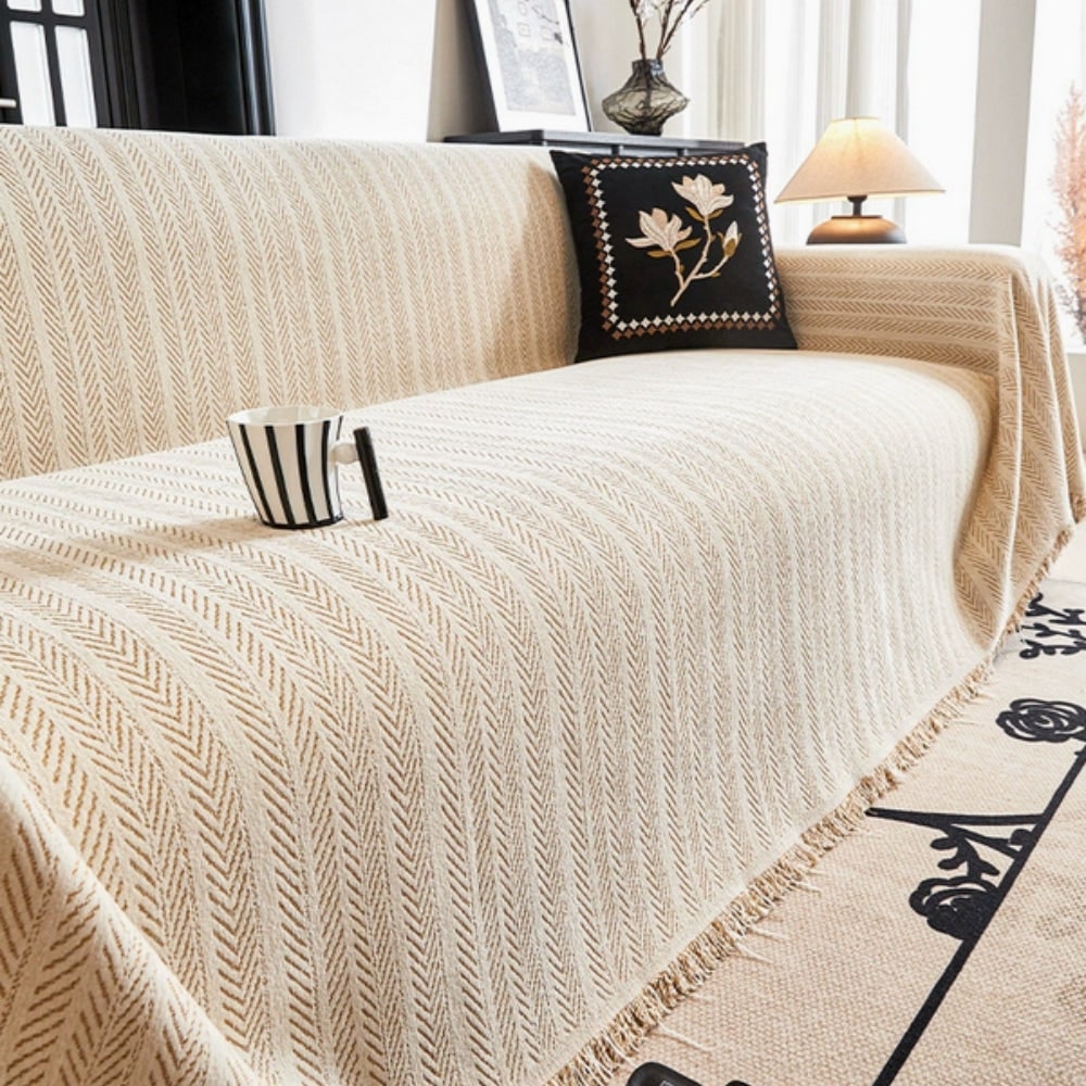 Non-Slip Couch Cover Chenille | Herringbone Pattern, Tassel Detailing | Pet-Friendly, Protects Against Fur and Scratches