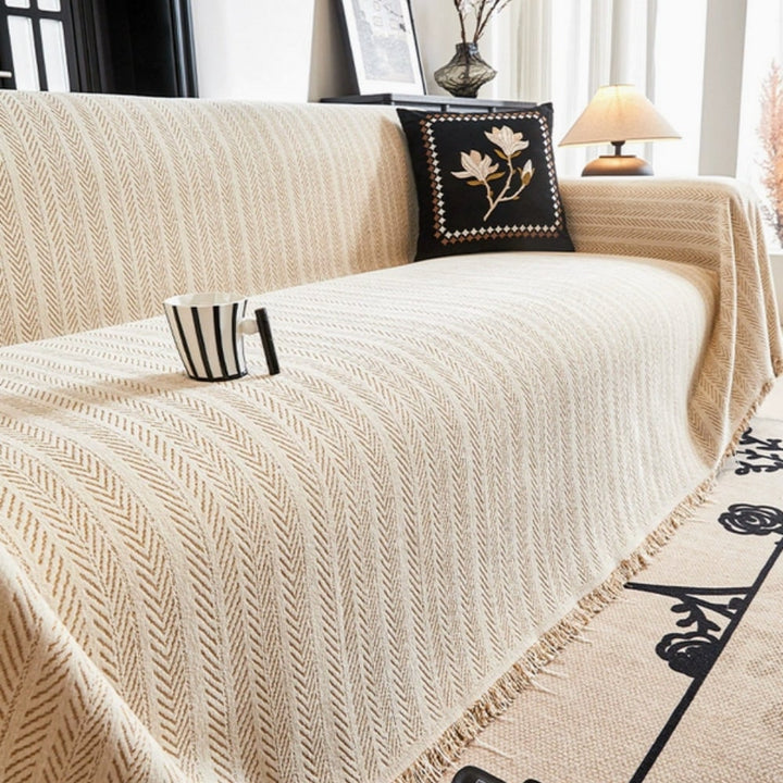 Non-Slip Couch Cover Chenille | Herringbone Pattern, Tassel Detailing | Pet-Friendly, Protects Against Fur and Scratches
