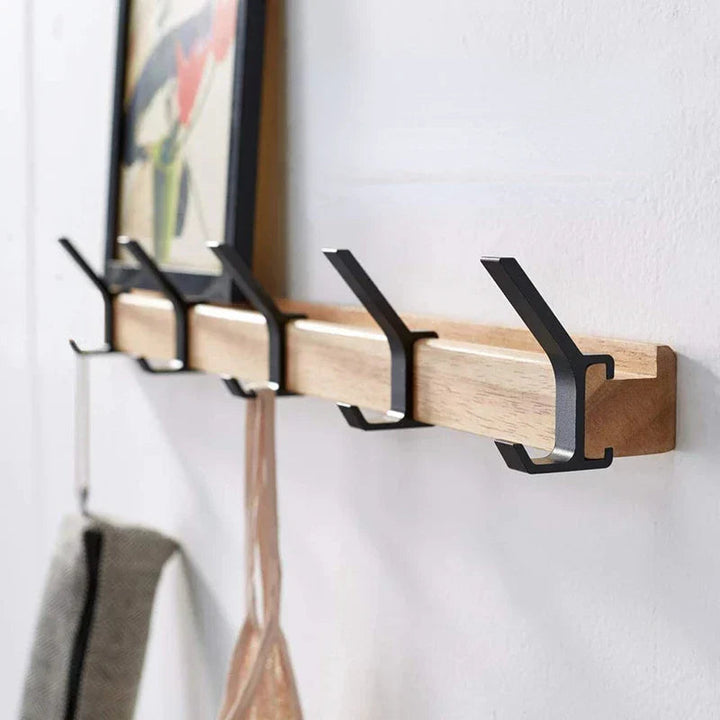 Nordic Wall-Mounted Coat Rack | Adjustable Dual Hooks in Black &amp; Wood Finish 0