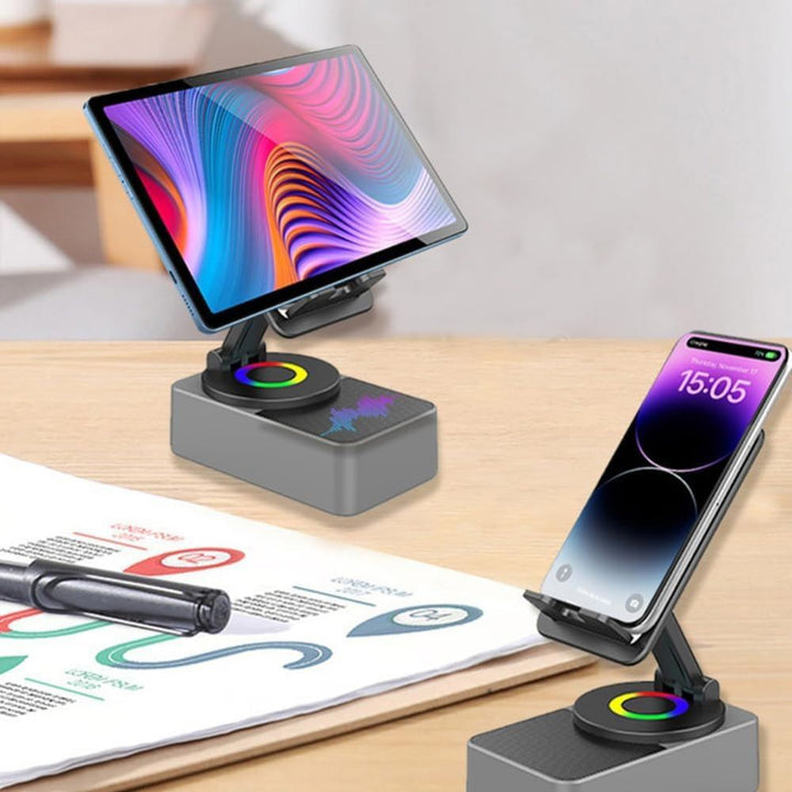 Phone Stand with Bluetooth Speaker | Adjustable Holder, BT5.0 Wireless Audio | Rechargeable 1500mAh Battery, Non-Slip Base