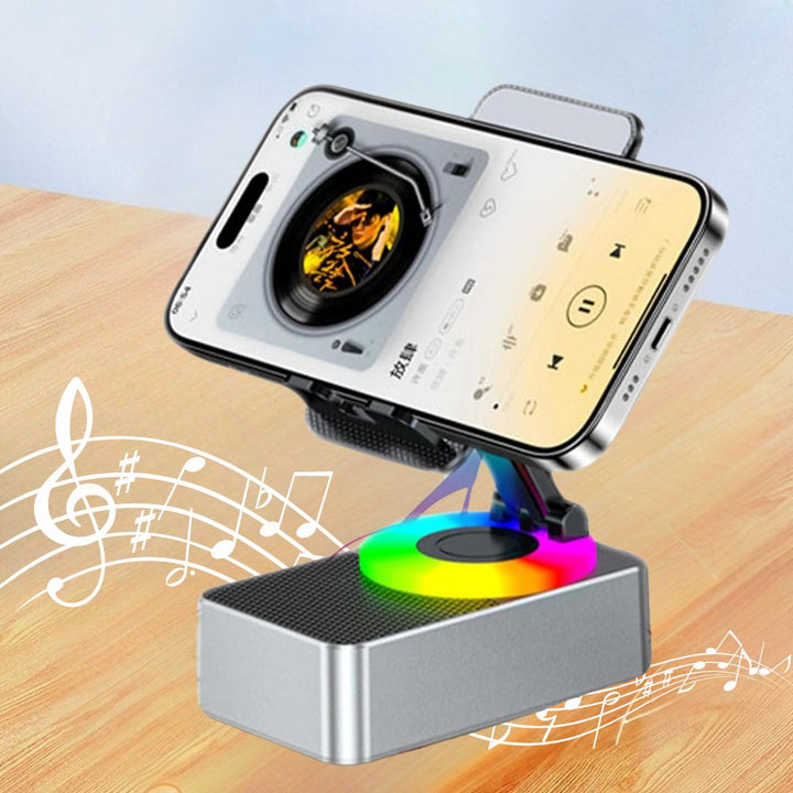 Phone Stand with Bluetooth Speaker | Adjustable Holder, BT5.0 Wireless Audio | Rechargeable 1500mAh Battery, Non-Slip Base