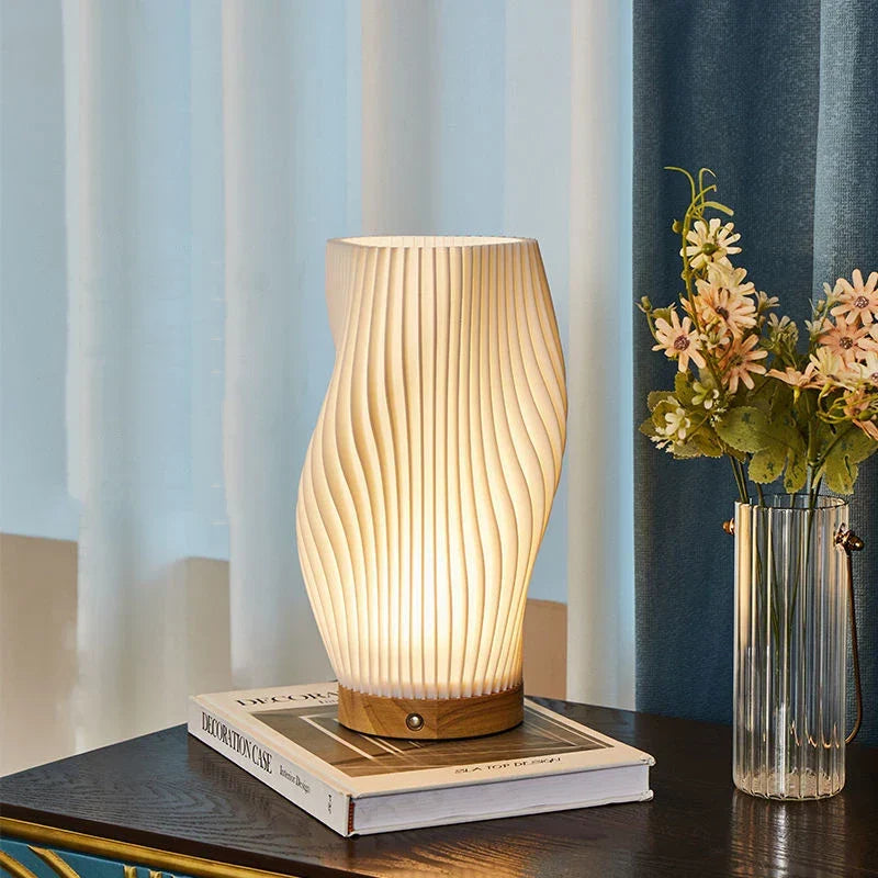 Wave Shade Table Lamp Metal &amp; Wood Base 20.5–30 cm | 3-Step Dimmable, USB-Powered | Warm &amp; Natural White Light 7