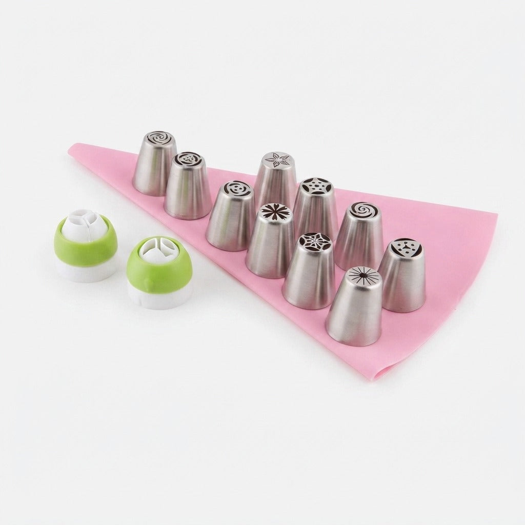 Piping Tips Set 12 Piece Stainless Steel | Tulip Shape with Silicone Bag &amp; Adapter | Reusable for Buttercream Cakes