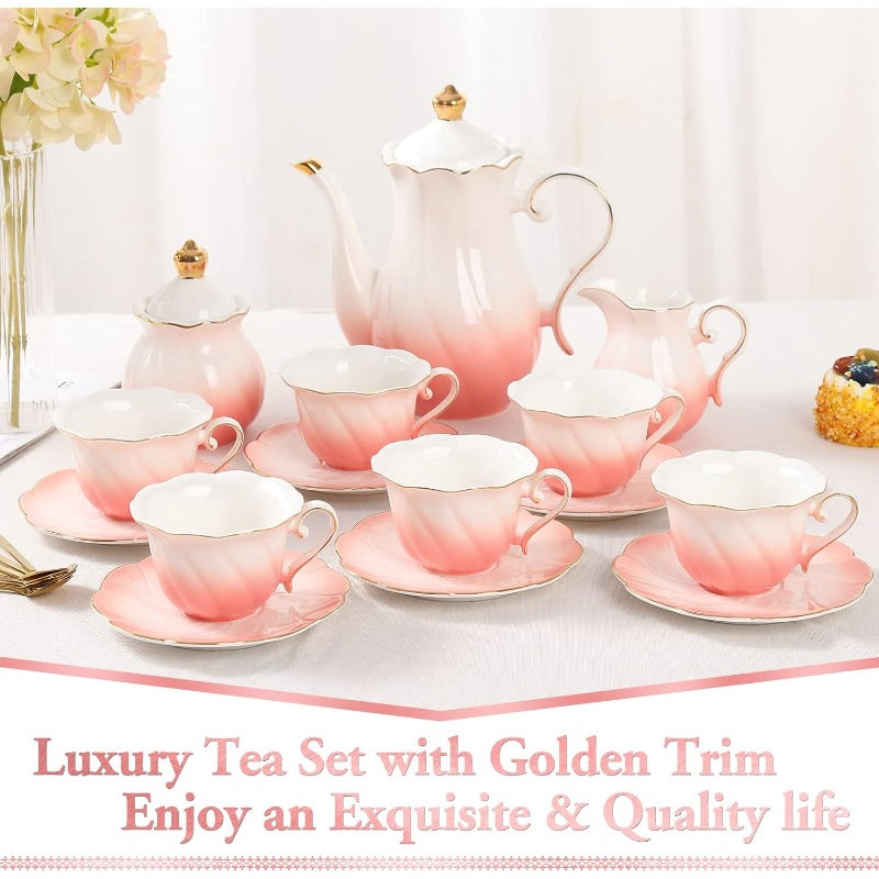 Porcelain Tea Set for Women 22-Piece | Floral Design with Gold Trim | Teapot, Cups, Saucers &amp; Serving Tray for 6