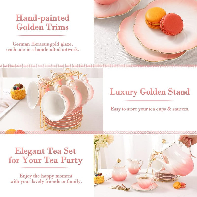 Porcelain Tea Set for Women 22-Piece | Floral Design with Gold Trim | Teapot, Cups, Saucers &amp; Serving Tray for 6