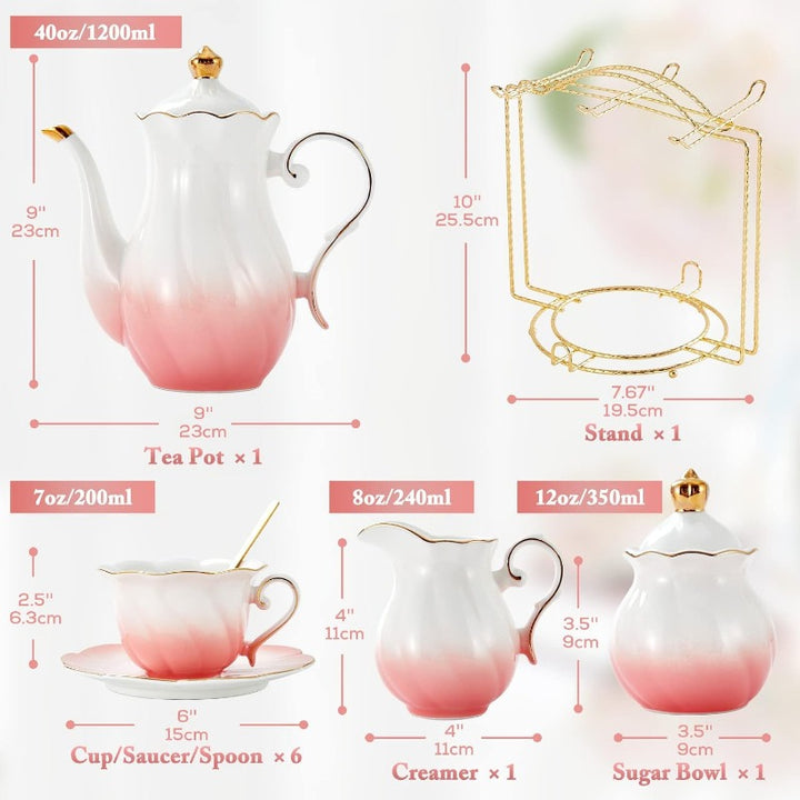 Porcelain Tea Set for Women 22-Piece | Floral Design with Gold Trim | Teapot, Cups, Saucers &amp; Serving Tray for 6