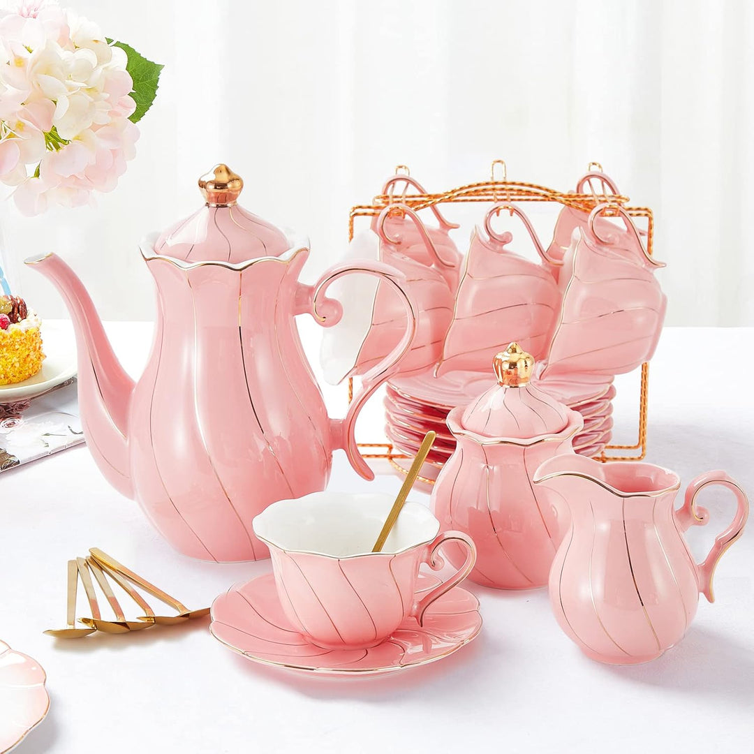 Porcelain Tea Set for Women 22-Piece | Floral Design with Gold Trim | Teapot, Cups, Saucers &amp; Serving Tray for 6
