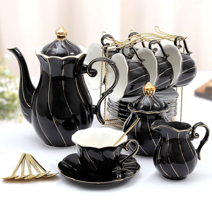 Porcelain Tea Set for Women 22-Piece | Floral Design with Gold Trim | Teapot, Cups, Saucers &amp; Serving Tray for 6