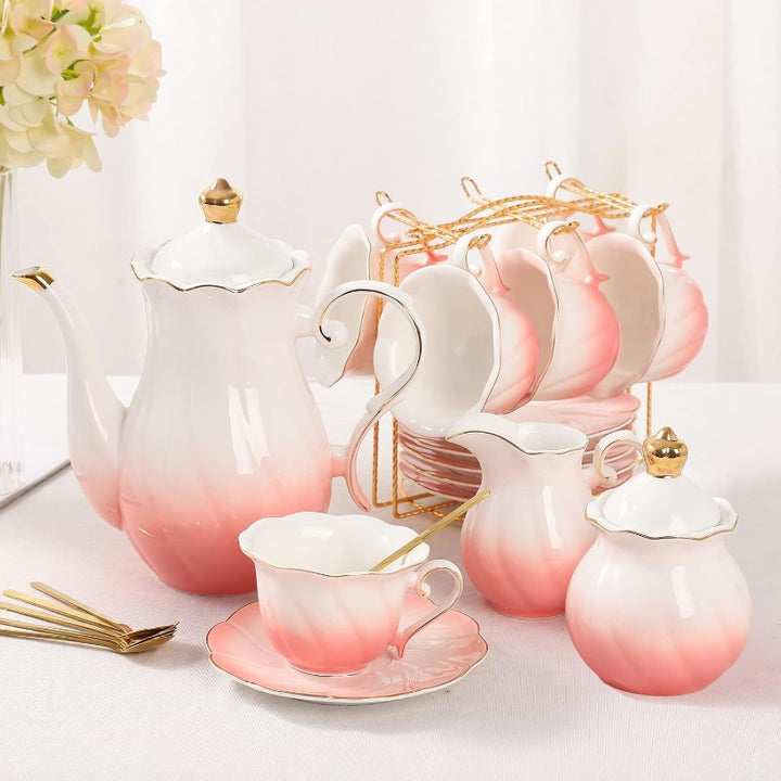 Porcelain Tea Set for Women 22-Piece | Floral Design with Gold Trim | Teapot, Cups, Saucers &amp; Serving Tray for 6