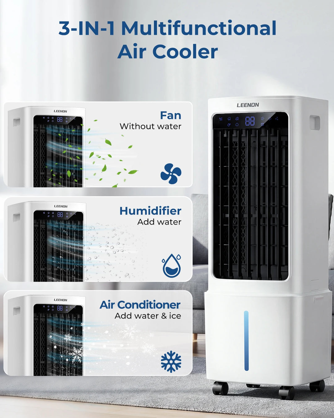 Portable Air Conditioner Fan | Water Cooling | 3 Speeds | Remote Control | 9L Tank | Timer
