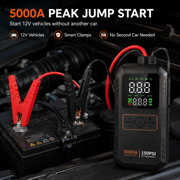 Portable Car Jump Starter | 5000A | 4-in-1 | Air Compressor | LED Light | 16000mAh