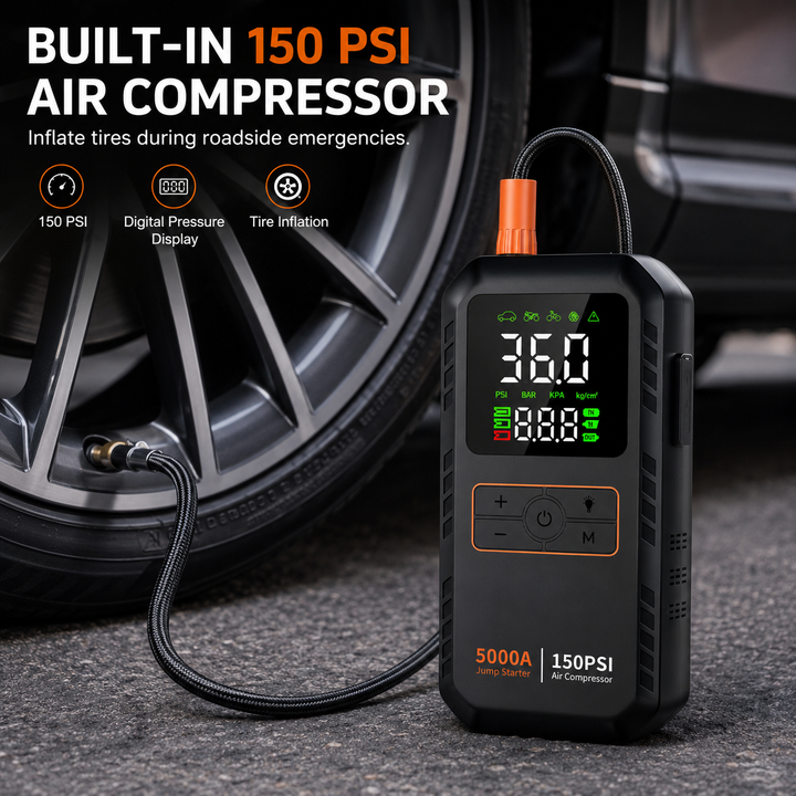 Portable Car Jump Starter | 5000A | 4-in-1 | Air Compressor | LED Light | 16000mAh
