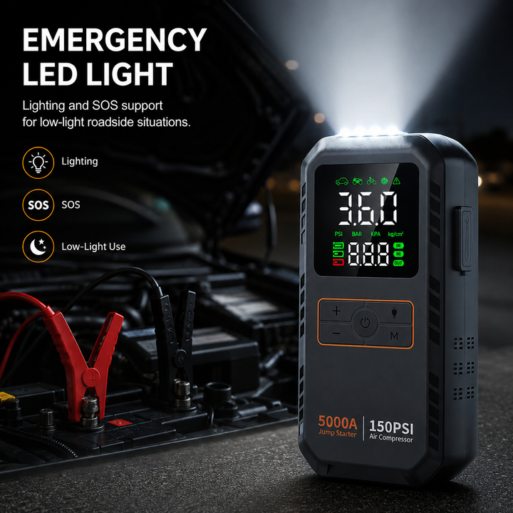 Portable Car Jump Starter | 5000A | 4-in-1 | Air Compressor | LED Light | 16000mAh