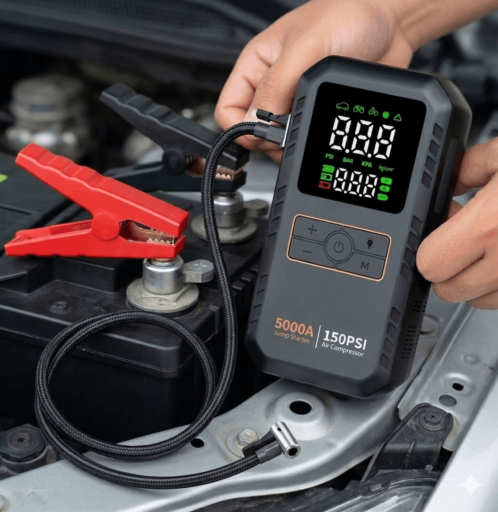 Portable Car Jump Starter | 5000A | 4-in-1 | Air Compressor | LED Light | 16000mAh