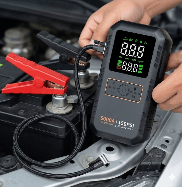Portable Car Jump Starter | 5000A | 4-in-1 | Air Compressor | LED Light | 16000mAh