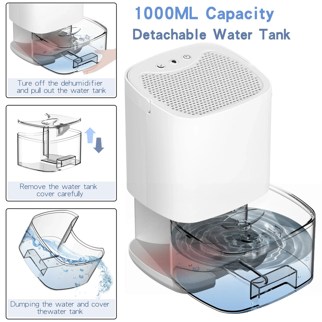 Portable Dehumidifier | 1000ml Tank | 2-in-1 Air Purifier | Night Light | 45dB | Auto Shut-Off