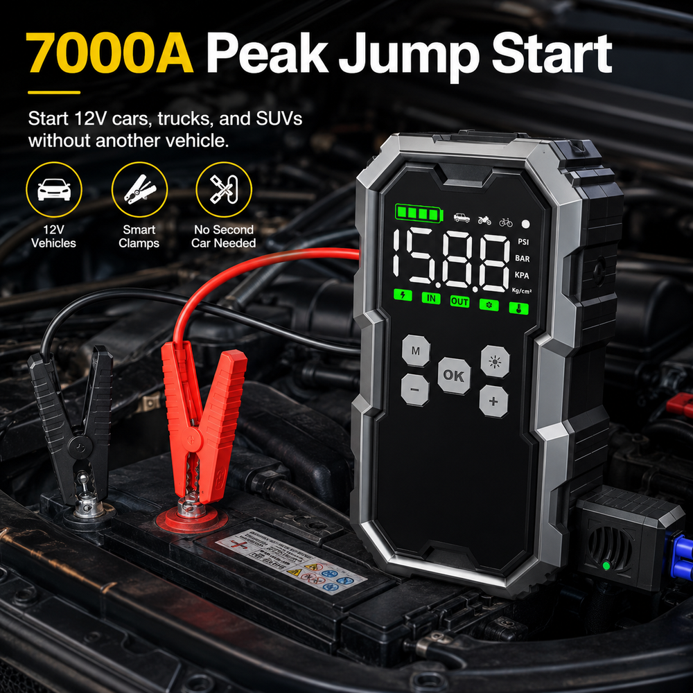 Portable Jump Starter | 7000A | 150 PSI Air Compressor | 30000mAh Power Bank | 12V Vehicles