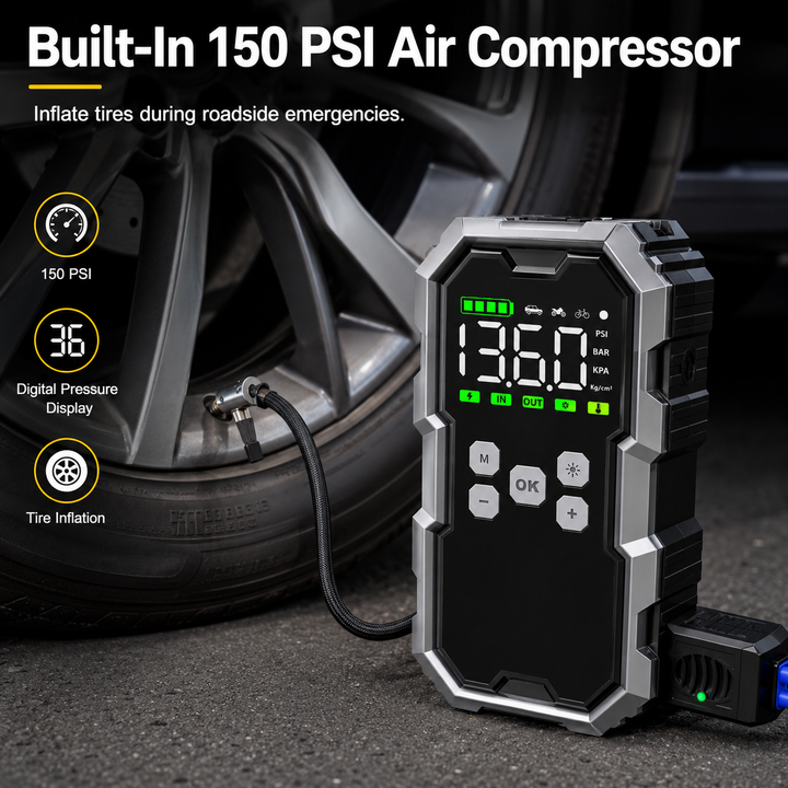 Portable Jump Starter | 7000A | 150 PSI Air Compressor | 30000mAh Power Bank | 12V Vehicles