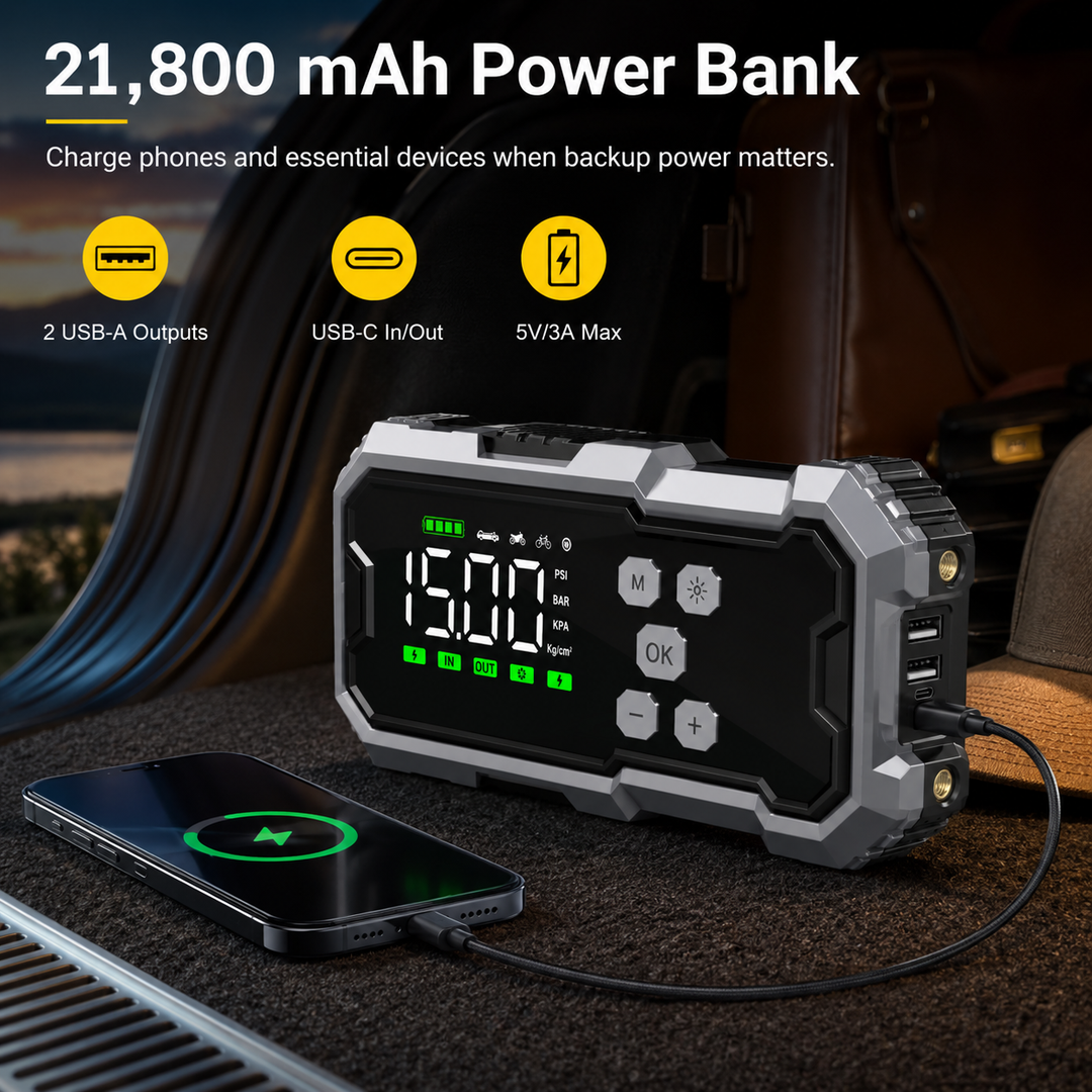 Portable Jump Starter | 7000A | 150 PSI Air Compressor | 30000mAh Power Bank | 12V Vehicles