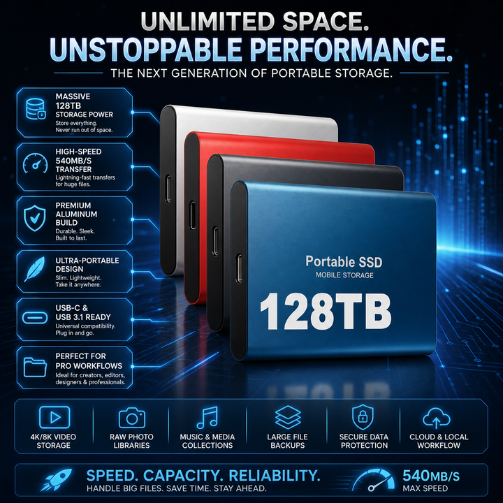 Portable SSD External Hard Drive | USB 3.1 USB-C 540 MB/s Transfer Speed | 128TB Storage Capacity Aluminium Alloy Casing