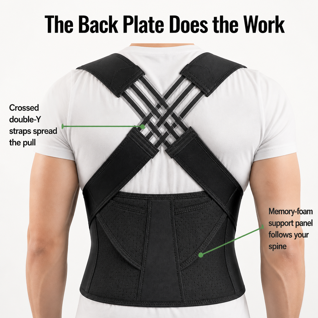 Posture Corrector for Men | Full-Back Memory Foam Plate with Cross-Strap Design | Breathable Perforated Back Brace