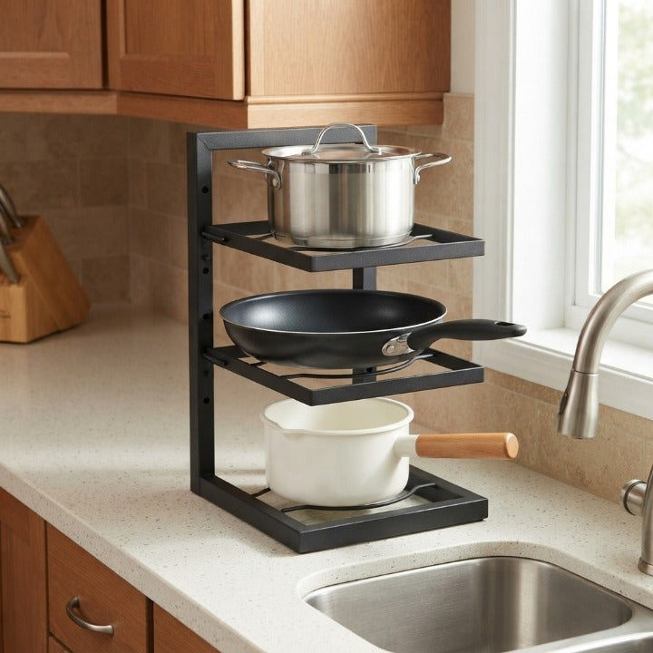 Pot and Pan Rack Carbon Steel 26.5 x 22.5 cm | Adjustable 2-5 Tier Black | Compact Kitchen Storage Rack Organizer