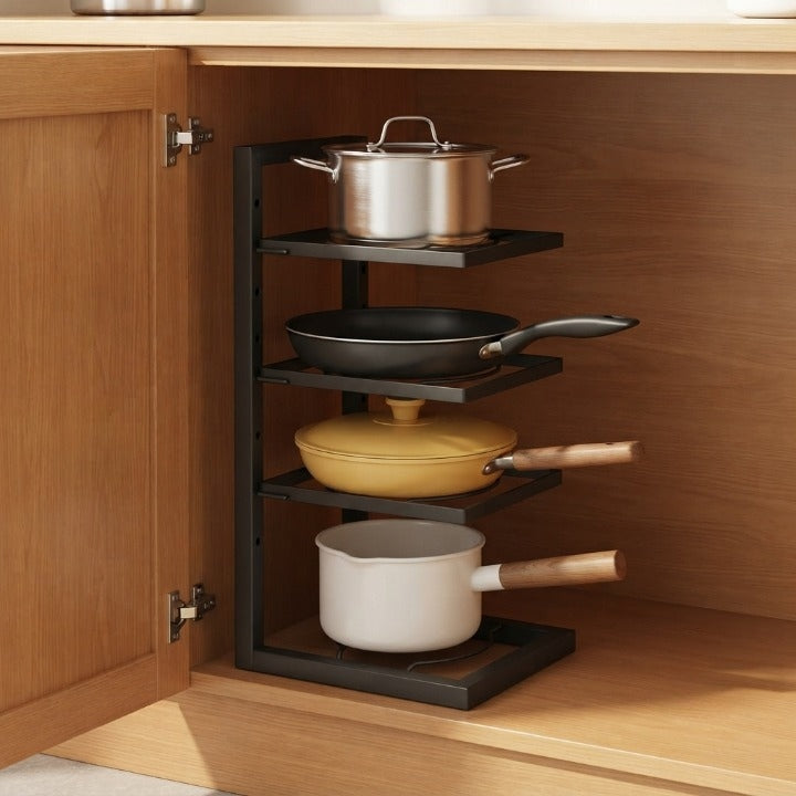 Pot and Pan Rack Carbon Steel 26.5 x 22.5 cm | Adjustable 2-5 Tier Black | Compact Kitchen Storage Rack Organizer