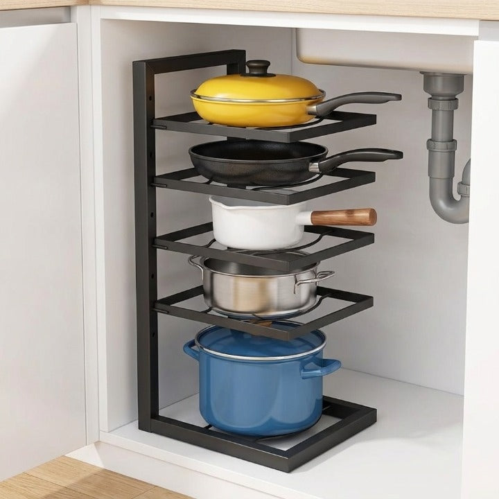 Pot and Pan Rack Carbon Steel 26.5 x 22.5 cm | Adjustable 2-5 Tier Black | Compact Kitchen Storage Rack Organizer