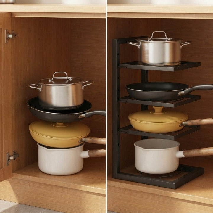 Pot and Pan Rack Carbon Steel 26.5 x 22.5 cm | Adjustable 2-5 Tier Black | Compact Kitchen Storage Rack Organizer