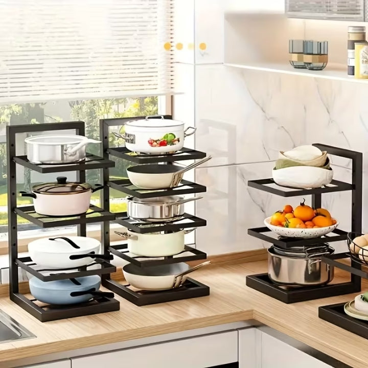 Pot and Pan Rack Carbon Steel 26.5 x 22.5 cm | Adjustable 2-5 Tier Black | Compact Kitchen Storage Rack Organizer