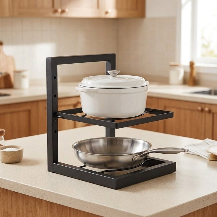 Pot and Pan Rack Carbon Steel 26.5 x 22.5 cm | Adjustable 2-5 Tier Black | Compact Kitchen Storage Rack Organizer