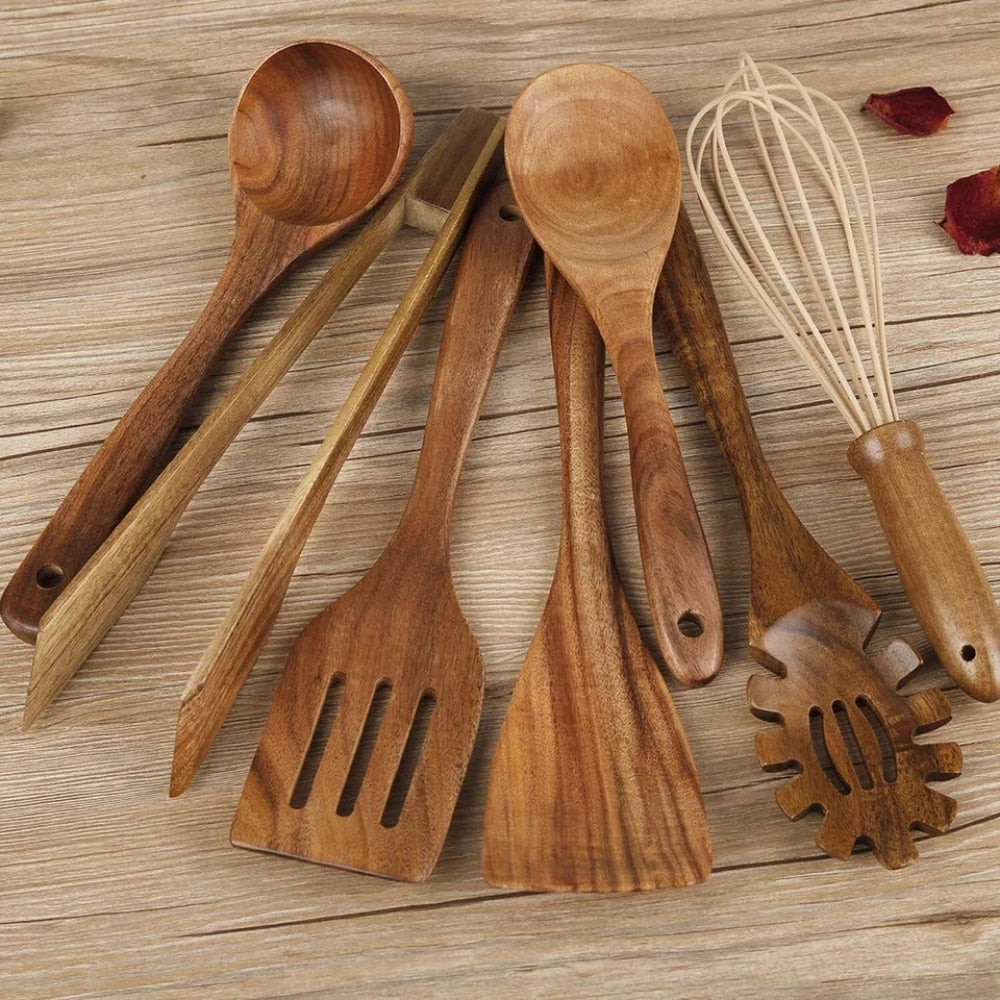 Wooden Cooking Utensils Set | 7 Piece Non Scratch Kitchen Tool Set | Heat Resistant Comfort Grip for Non Stick Cookware 1