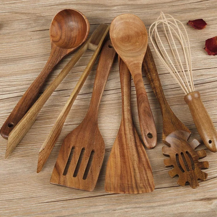 Wooden Cooking Utensils Set | 7 Piece Non Scratch Kitchen Tool Set | Heat Resistant Comfort Grip for Non Stick Cookware 1