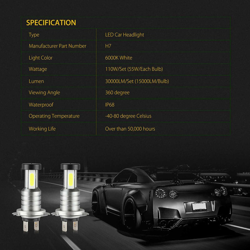 H7 LED Headlight Bulb Kit 4x | 220W 30,000 Lumens 6000K White Light | IP68 Waterproof, 50,000 Hour Lifespan, DC9V-32V 6