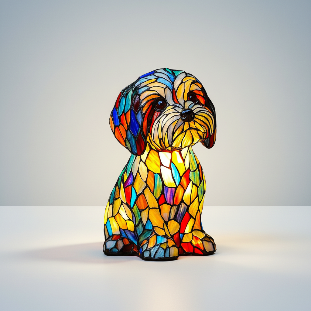 Stained Glass Dog Table Lamp Resin | LED Night Light with Warm Glow | USB Powered Decorative Lighting for Bedroom Shelf Desk 1